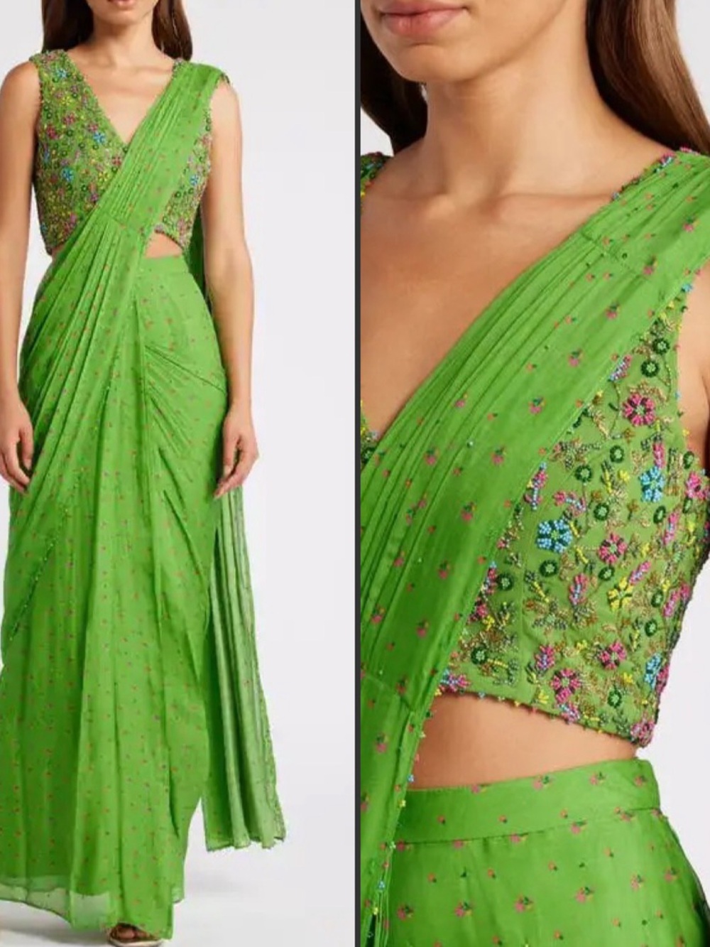 Sani Green Beaded Drape Saree Gown Dress Size S FLAWS